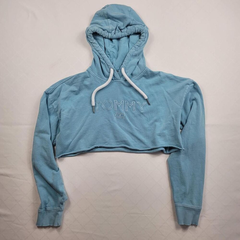 Tommy Hilfiger Baby Blue Cropped Hoodie Women's M Soft Girl Athleisure Coquette